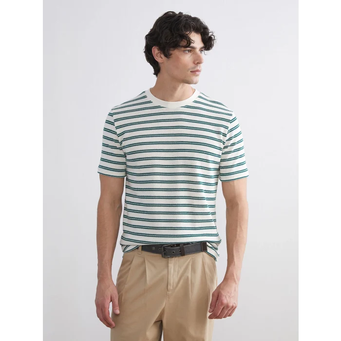 XSIDE Yeşil Bisiklet Yaka Çizgili Penye Erkek Tişört