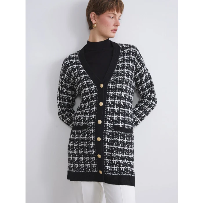 LCWAIKIKI Classic Siyah V Yaka Desenli Kadın Triko Hırka