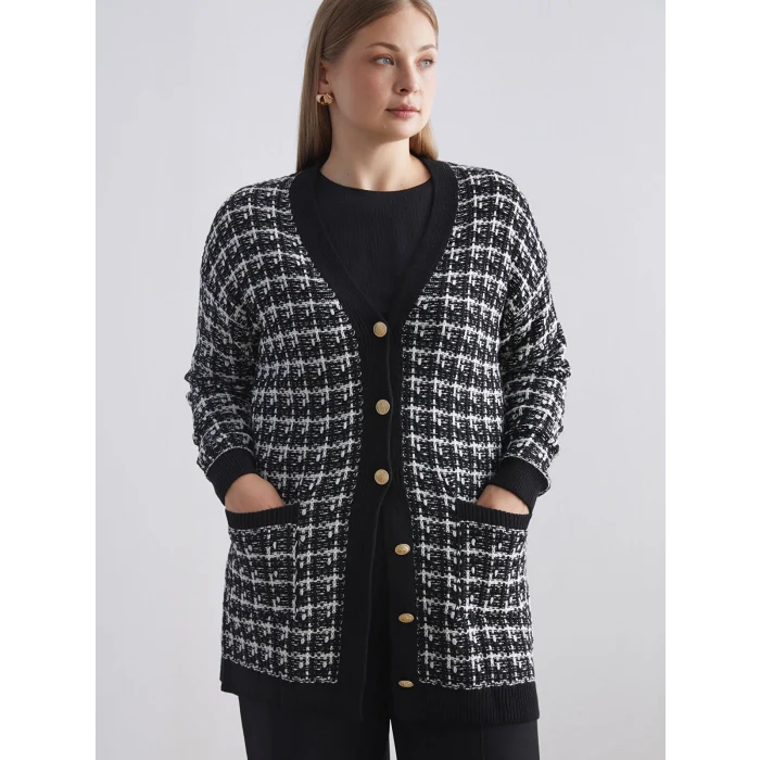 LCWAIKIKI Classic Siyah V Yaka Desenli Kadın Triko Hırka