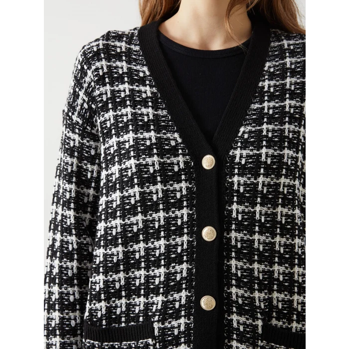 LCWAIKIKI Classic Siyah V Yaka Desenli Kadın Triko Hırka