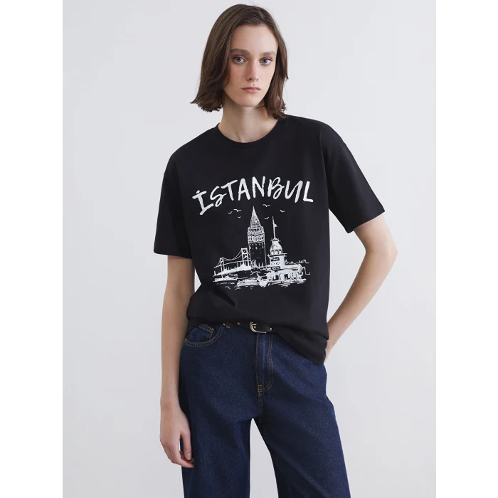 XSIDE Siyah İstanbul Baskılı Kadın Tişört