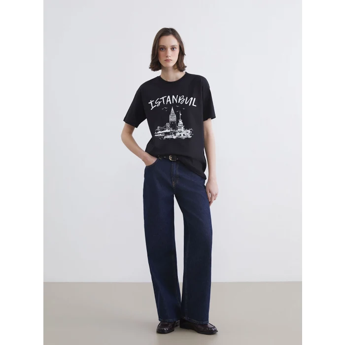 XSIDE Siyah İstanbul Baskılı Kadın Tişört