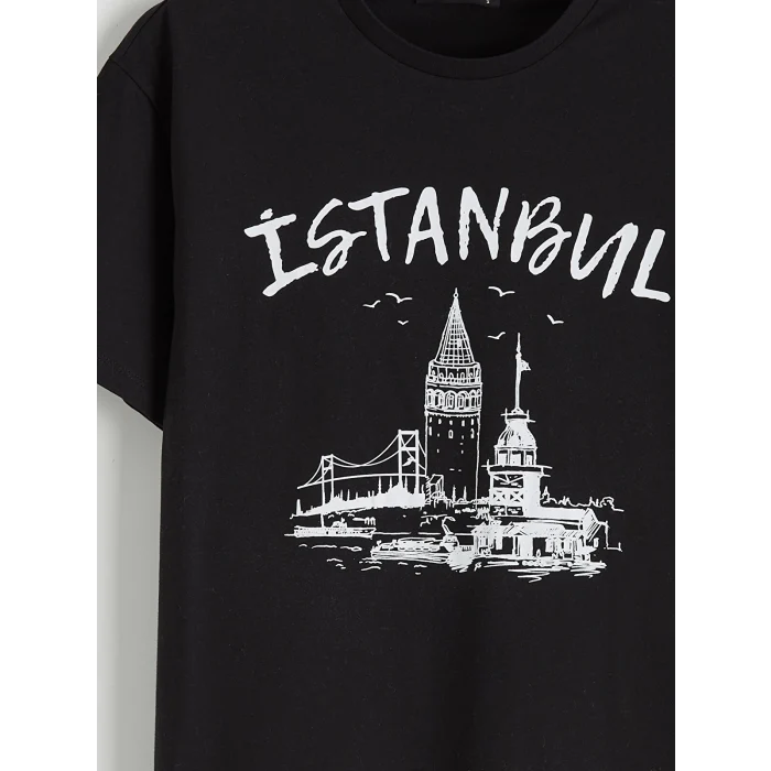 XSIDE Siyah İstanbul Baskılı Kadın Tişört