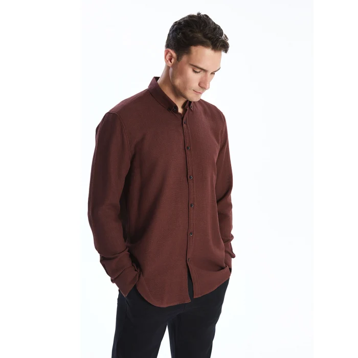 LCW Vision Bordo Slim Fit Uzun Kollu Armürlü Erkek Gömlek