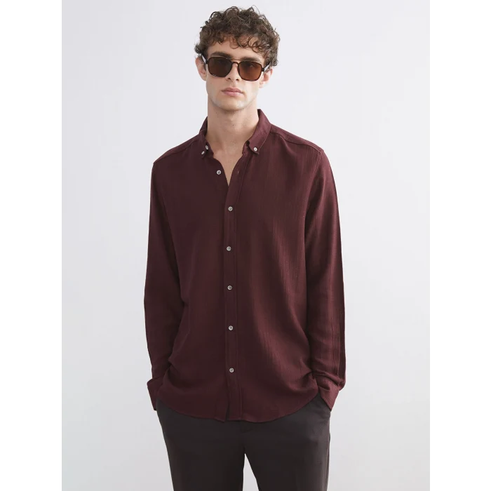 LCW Vision Bordo Slim Fit Uzun Kollu Armürlü Erkek Gömlek