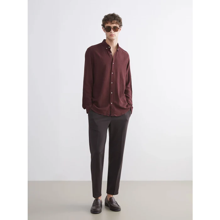 LCW Vision Bordo Slim Fit Uzun Kollu Armürlü Erkek Gömlek