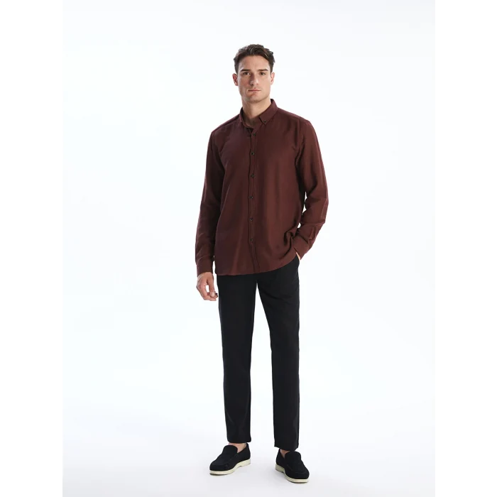LCW Vision Bordo Slim Fit Uzun Kollu Armürlü Erkek Gömlek