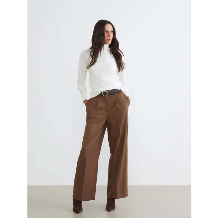 LCW Vision Bej Beli Kemerli Geniş Paça Kadın Pantolon