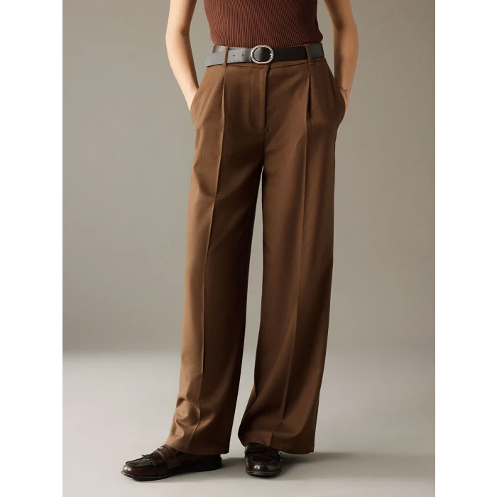 LCW Vision Bej Beli Kemerli Geniş Paça Kadın Pantolon