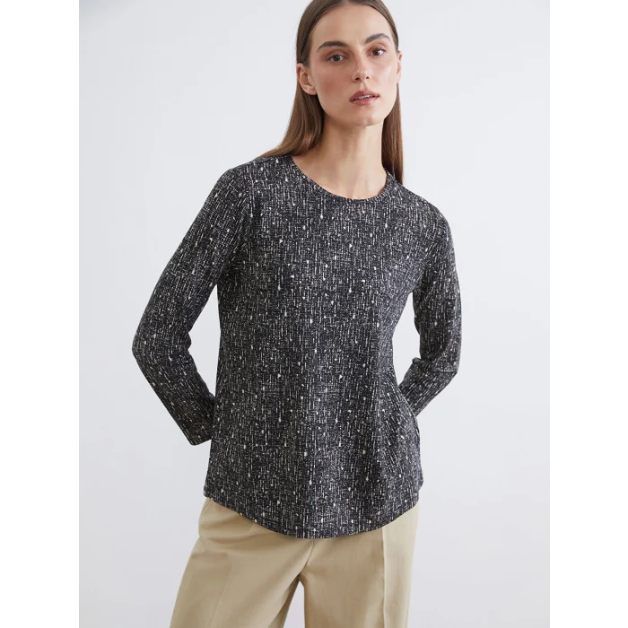 LCW Grace Siyah Bisiklet Yaka Desenli Bluz