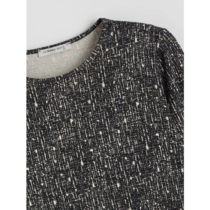 LCW Grace Siyah Bisiklet Yaka Desenli Bluz