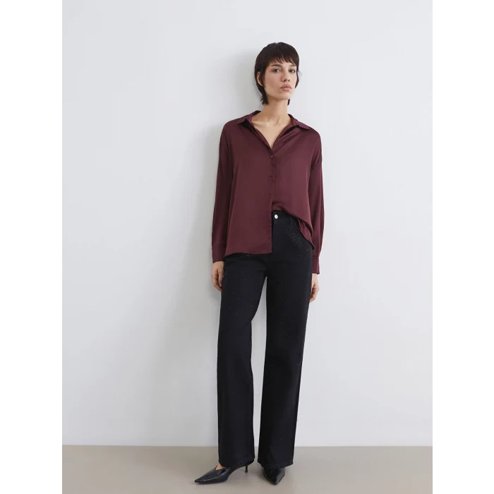 LCW Jeans Siyah Taş Detaylı Wideleg Kadın Jean Pantolon