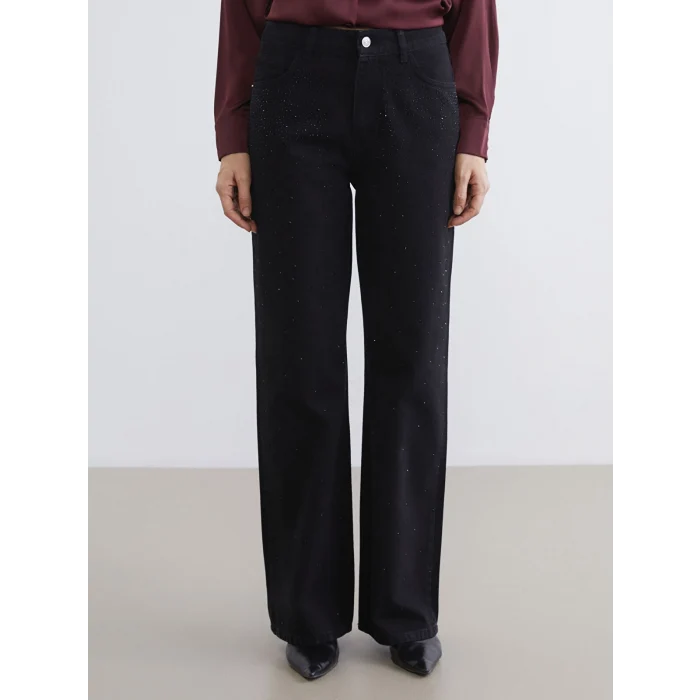 LCW Jeans Siyah Taş Detaylı Wideleg Kadın Jean Pantolon