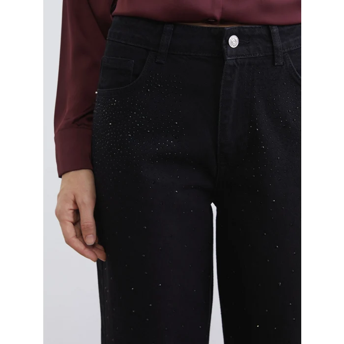 LCW Jeans Siyah Taş Detaylı Wideleg Kadın Jean Pantolon