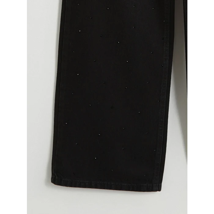 LCW Jeans Siyah Taş Detaylı Wideleg Kadın Jean Pantolon