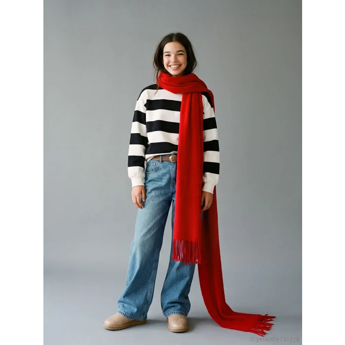 LCW Kids Siyah Bisiklet Yaka Çizgili Kız Çocuk Kalın Sweatshirt