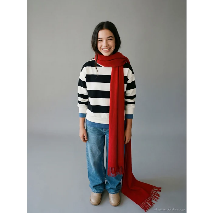 LCW Kids Siyah Bisiklet Yaka Çizgili Kız Çocuk Kalın Sweatshirt