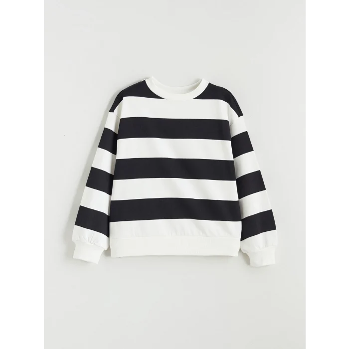 LCW Kids Siyah Bisiklet Yaka Çizgili Kız Çocuk Kalın Sweatshirt