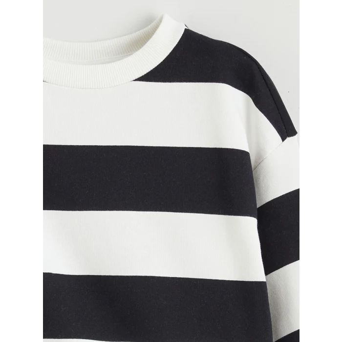 LCW Kids Siyah Bisiklet Yaka Çizgili Kız Çocuk Kalın Sweatshirt