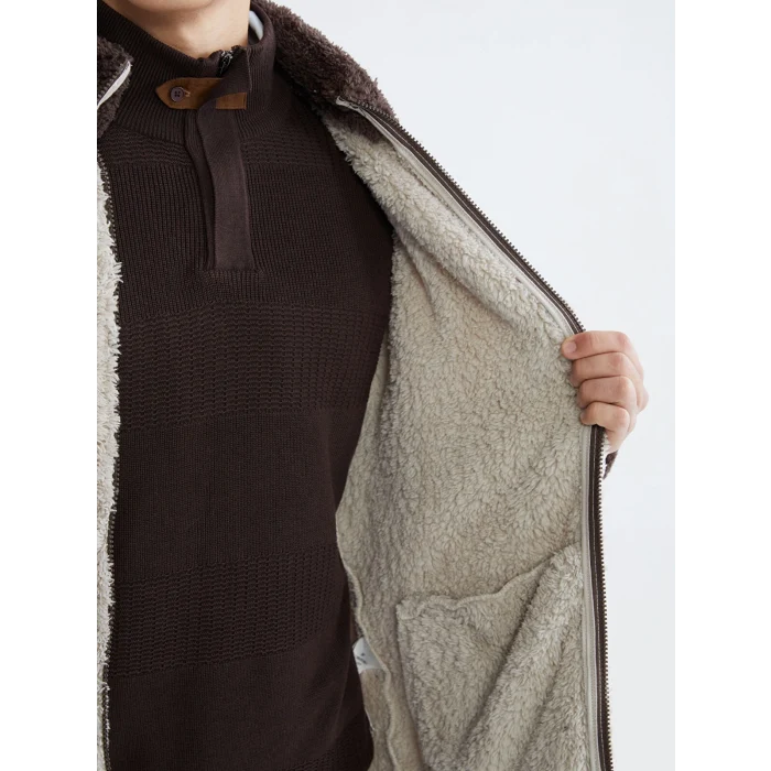 XSIDE Bej Dik Yaka Pelüş Erkek Fermuarlı Sweatshirt