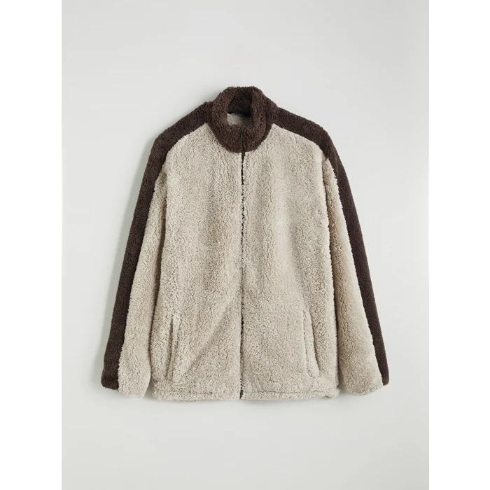 XSIDE Bej Dik Yaka Pelüş Erkek Fermuarlı Sweatshirt