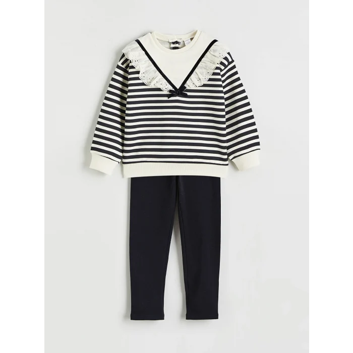 LCW Kids Siyah Bebe Yaka Çizgili Kız Çocuk Sweatshirt ve Tayt