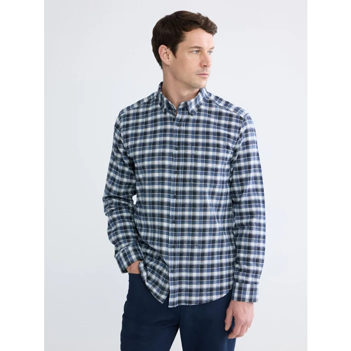 LCWAIKIKI Classic İndigo Regular Fit Ekose Gabardin Erkek Gömlek