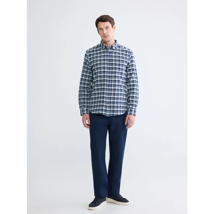 LCWAIKIKI Classic İndigo Regular Fit Ekose Gabardin Erkek Gömlek
