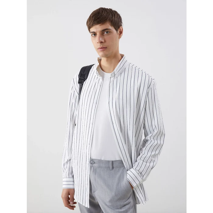 LCW Vision Beyaz Slim Fit Çizgili Erkek Gömlek