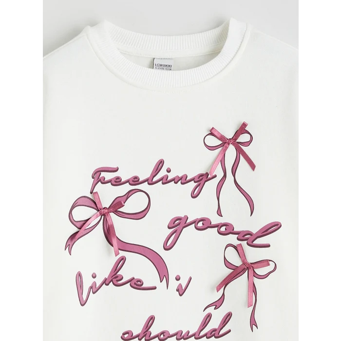 LCW Kids Ekru Fiyonk Baskılı Kız Çocuk Sweatshirt