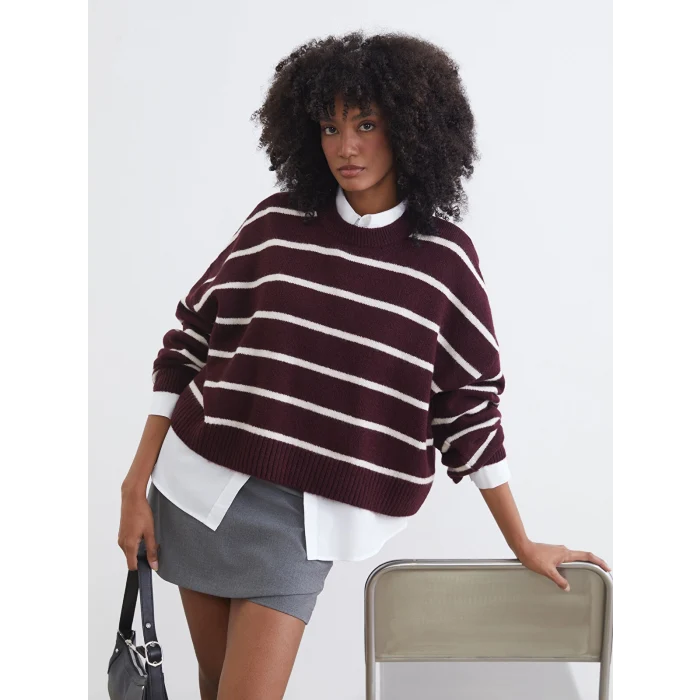 XSIDE Bordo Bisiklet Yaka Çizgili Oversize Kadın Triko Kazak