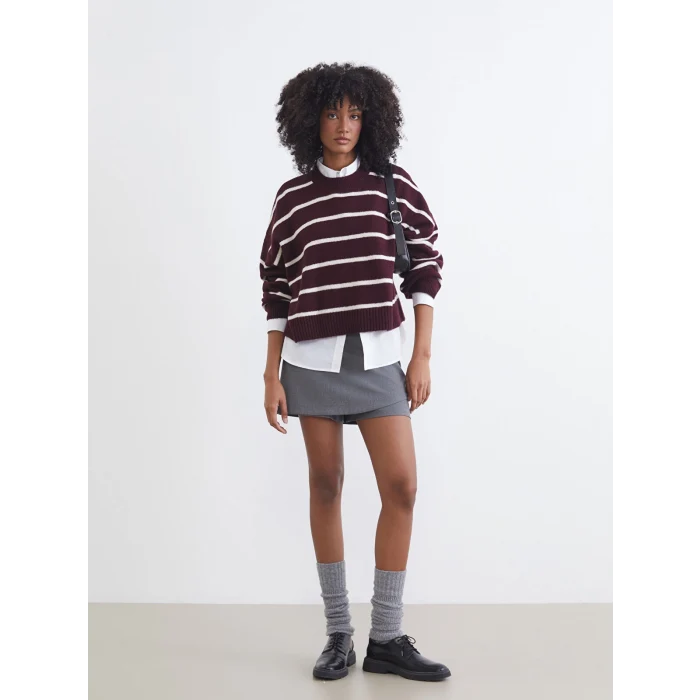 XSIDE Bordo Bisiklet Yaka Çizgili Oversize Kadın Triko Kazak