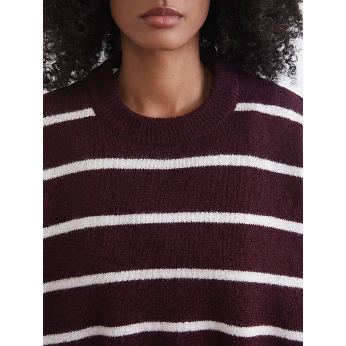 XSIDE Bordo Bisiklet Yaka Çizgili Oversize Kadın Triko Kazak