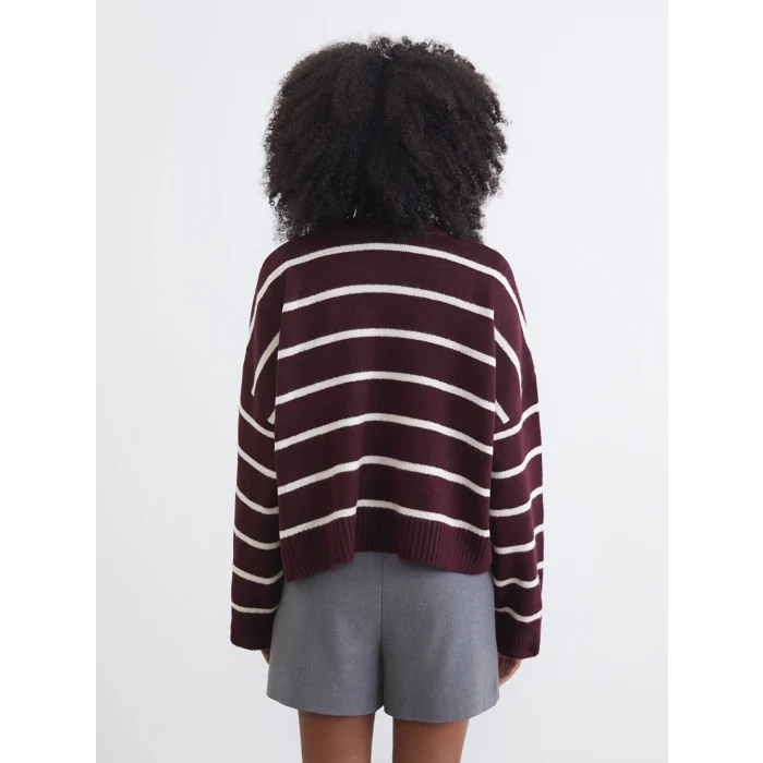 XSIDE Bordo Bisiklet Yaka Çizgili Oversize Kadın Triko Kazak