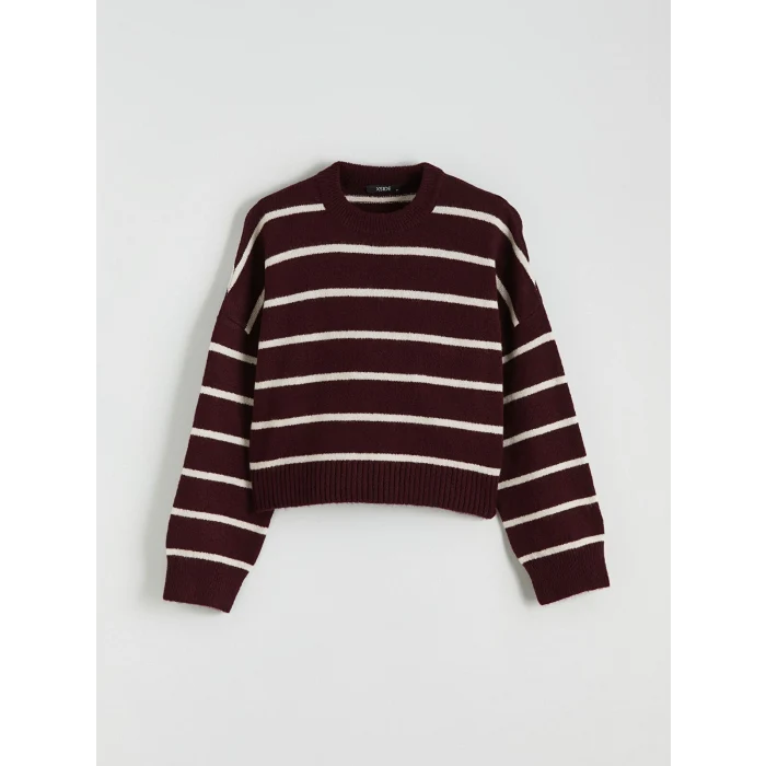 XSIDE Bordo Bisiklet Yaka Çizgili Oversize Kadın Triko Kazak