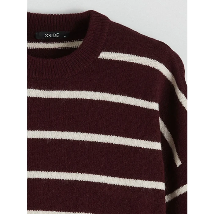 XSIDE Bordo Bisiklet Yaka Çizgili Oversize Kadın Triko Kazak