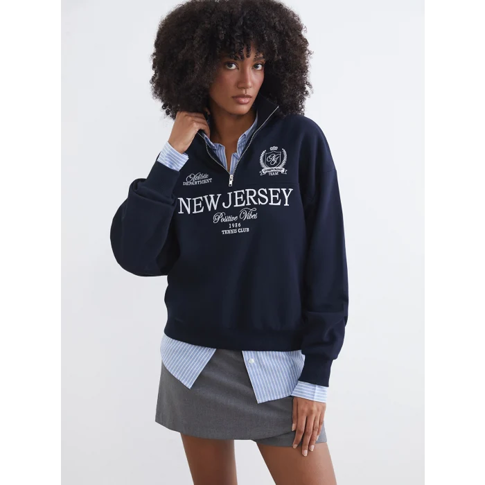 XSIDE Lacivert New Jersey Nakışlı Oversize Kadın Kalın Sweatshirt
