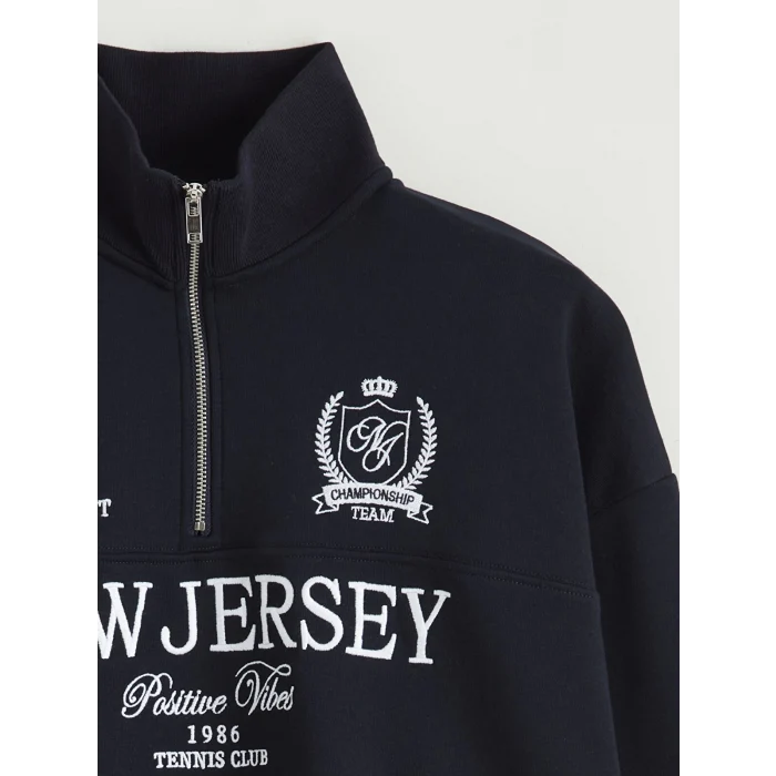 XSIDE Lacivert New Jersey Nakışlı Oversize Kadın Kalın Sweatshirt