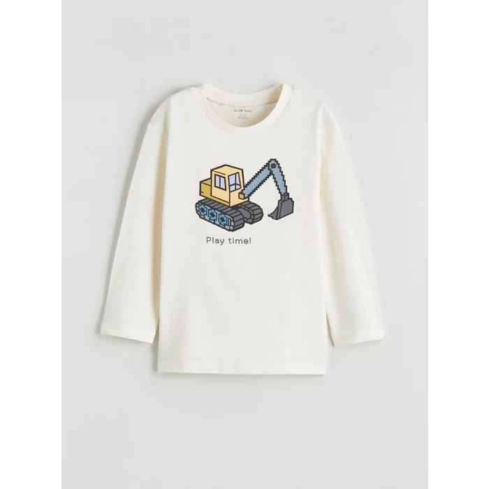 LCW baby Ekru Bisiklet Yaka Baskılı Erkek Bebek Tişört