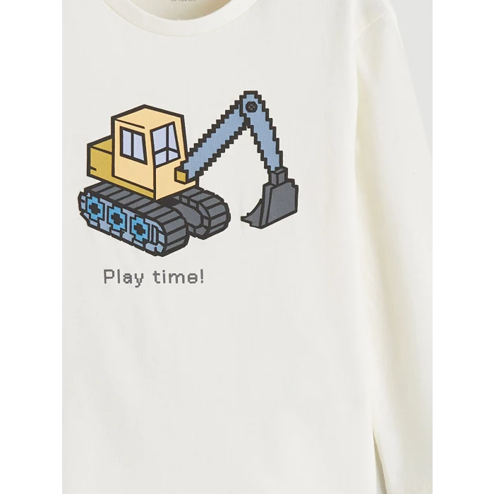 LCW baby Ekru Bisiklet Yaka Baskılı Erkek Bebek Tişört