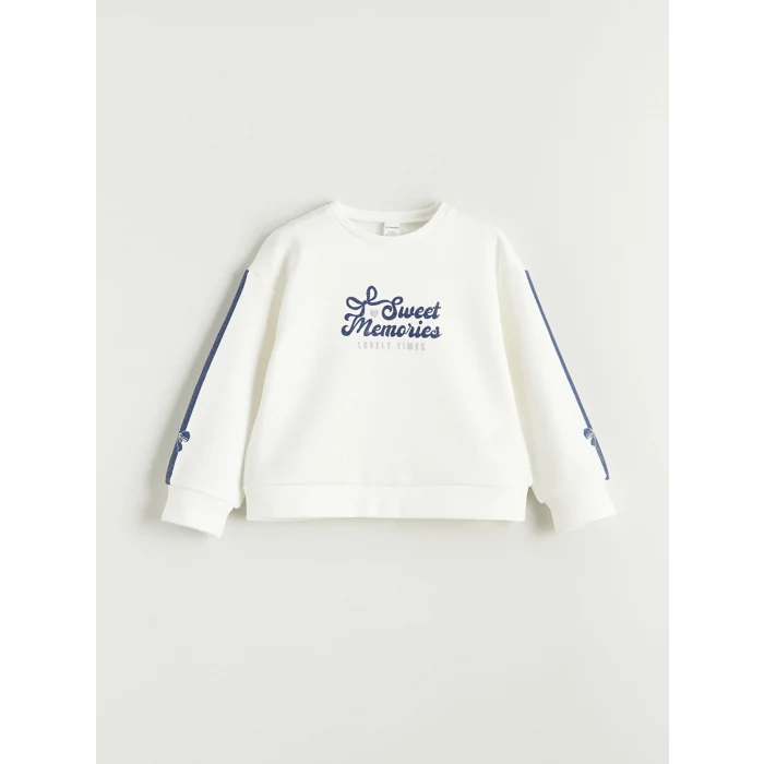 LCW Kids Ekru Bisiklet Yaka Baskılı Kız Çocuk Sweatshirt ve Tayt