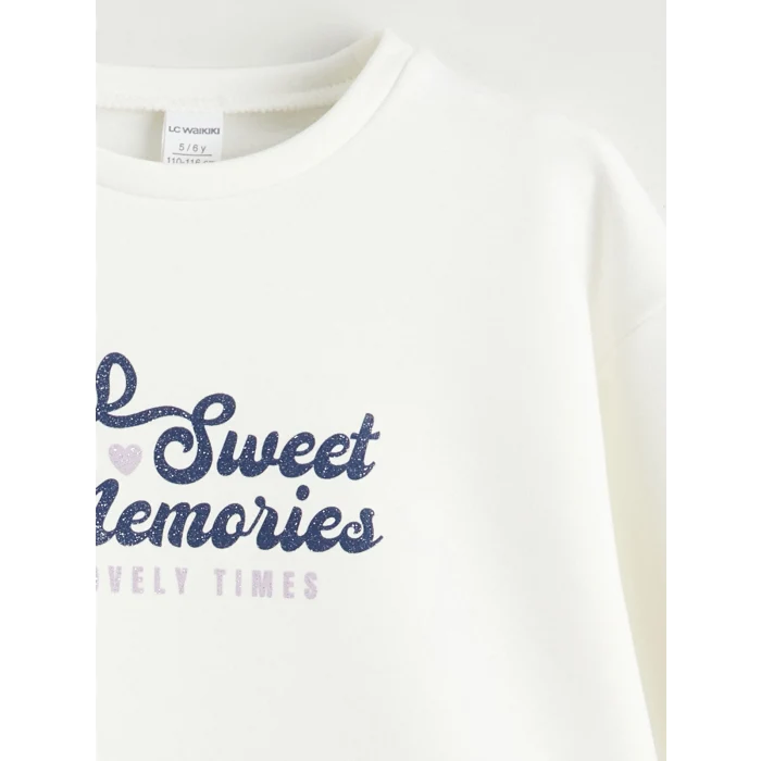 LCW Kids Ekru Bisiklet Yaka Baskılı Kız Çocuk Sweatshirt ve Tayt