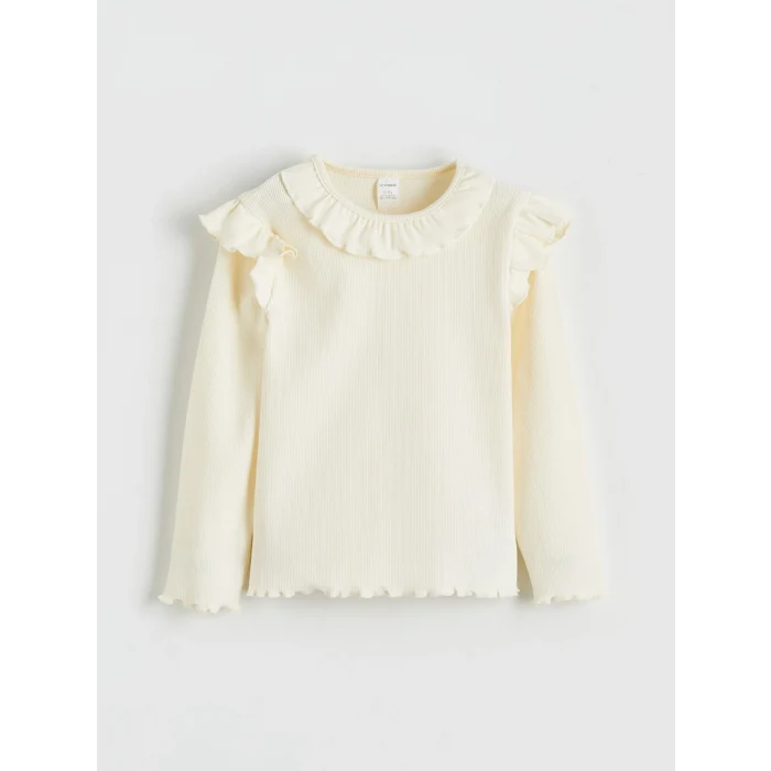 LCW baby Ekru Yaka ve Omuzları Fırfırlı Kız Bebek Tişört