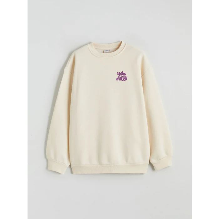 LCW Kids Bej Bisiklet Yaka Baskılı Kız Çocuk Kalın Sweatshirt