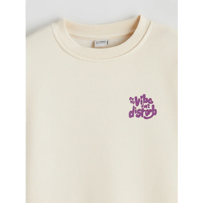 LCW Kids Bej Bisiklet Yaka Baskılı Kız Çocuk Kalın Sweatshirt