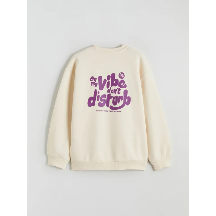 LCW Kids Bej Bisiklet Yaka Baskılı Kız Çocuk Kalın Sweatshirt