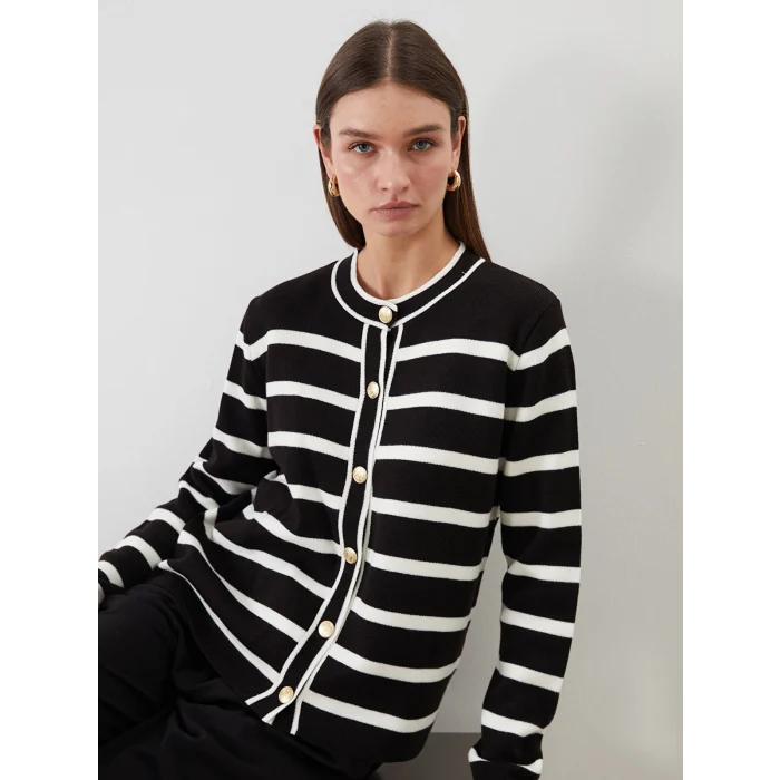 LCW Modest Ekru Bisiklet Yaka Çizgili Kadın Triko Hırka