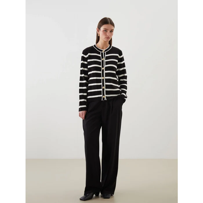 LCW Modest Ekru Bisiklet Yaka Çizgili Kadın Triko Hırka