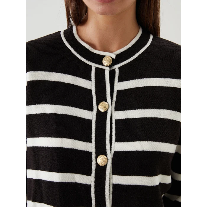 LCW Modest Ekru Bisiklet Yaka Çizgili Kadın Triko Hırka