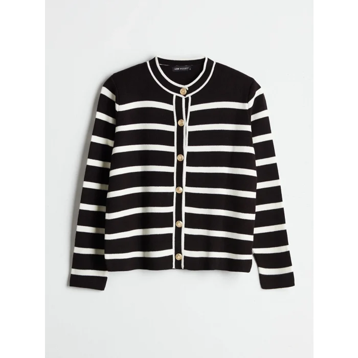 LCW Modest Ekru Bisiklet Yaka Çizgili Kadın Triko Hırka